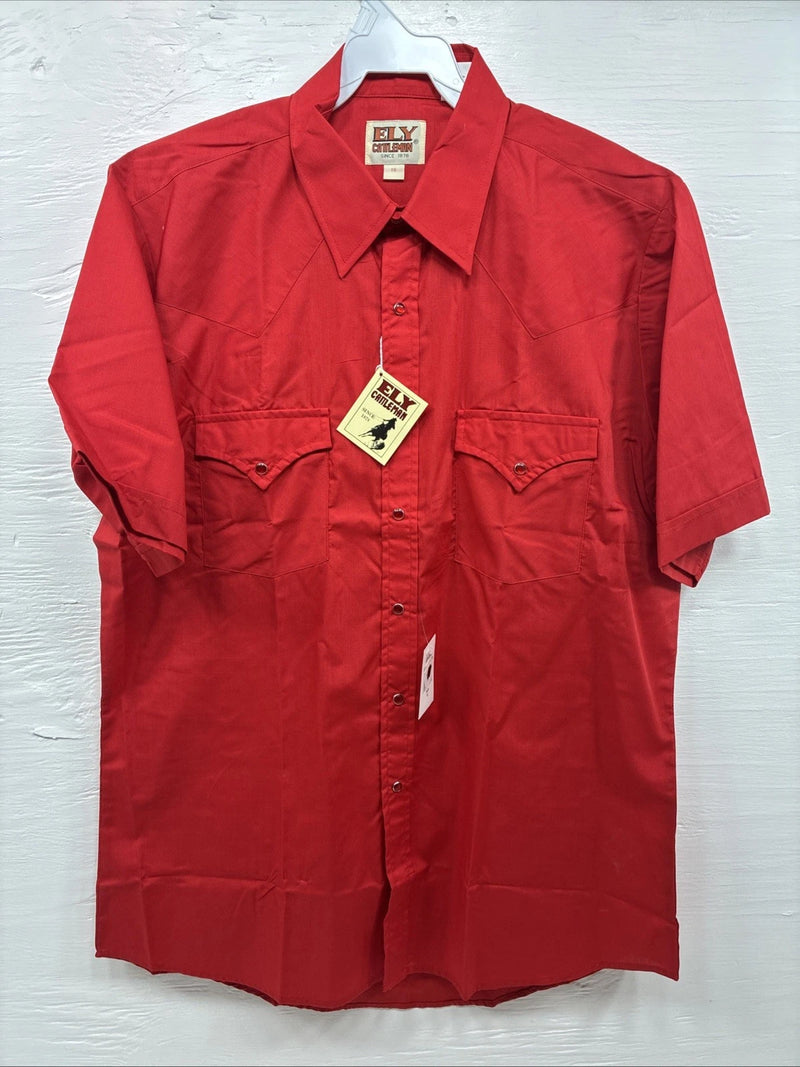 New Men’s ELY Cattleman Red Western Short Sleeve Pearl Snap 16 Large T-57