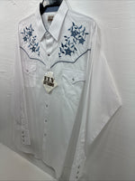 New Men’s ELY Cattleman White Blue Embroidered Long Sleeve Pearl Snap XL J-40