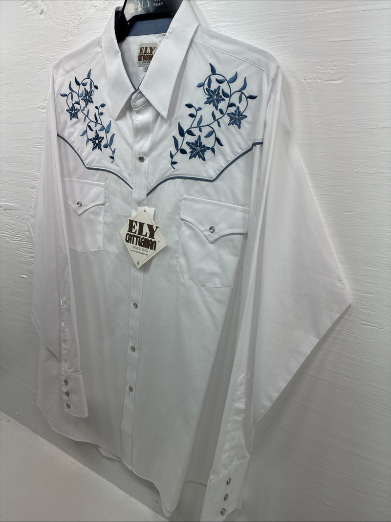 New Men’s ELY Cattleman White Blue Embroidered Long Sleeve Pearl Snap XL J-40