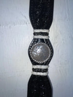 New Black Genuine Leather 3D Silver Pendent And Tooled 32” Belt #2030 JJ-4