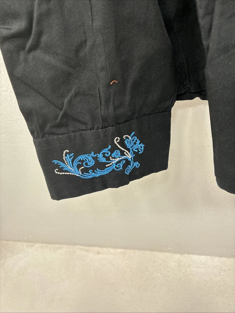 New Women’s Cumberland Black Blue Design Long Sleeve Pearl Snap 1XL LL-107