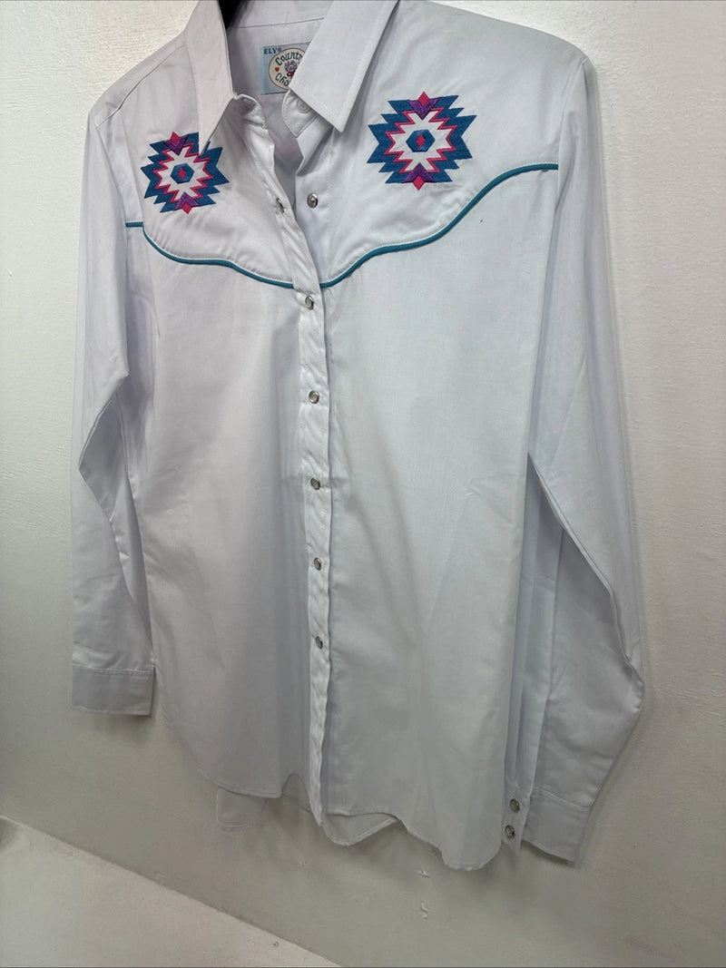 New Women’s Country Charmer White Design Long Sleeve Pearl Snap Medium LL-4