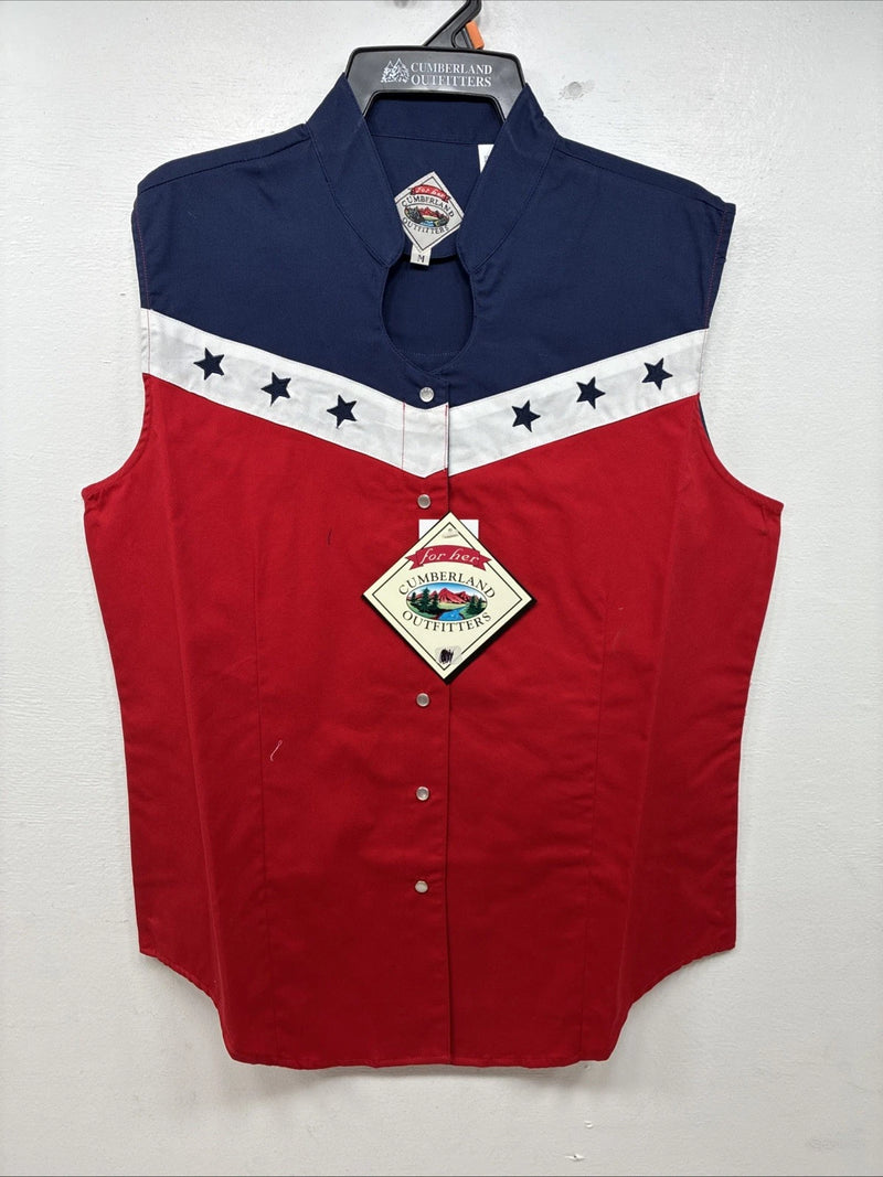 New Women’s Cumberland Red Blue Short Sleeve Pearl Snap Medium MM-111
