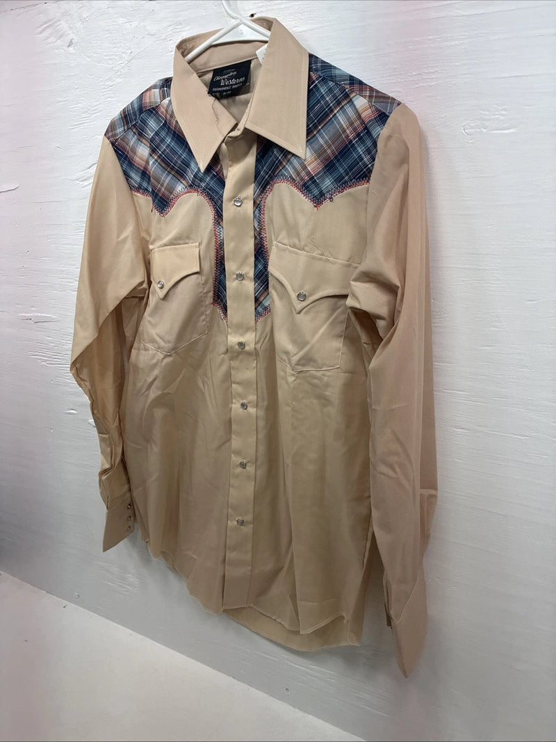 New Men’s Champion Western Tan Design Long Sleeve Pearl Snap 15 Medium X-6