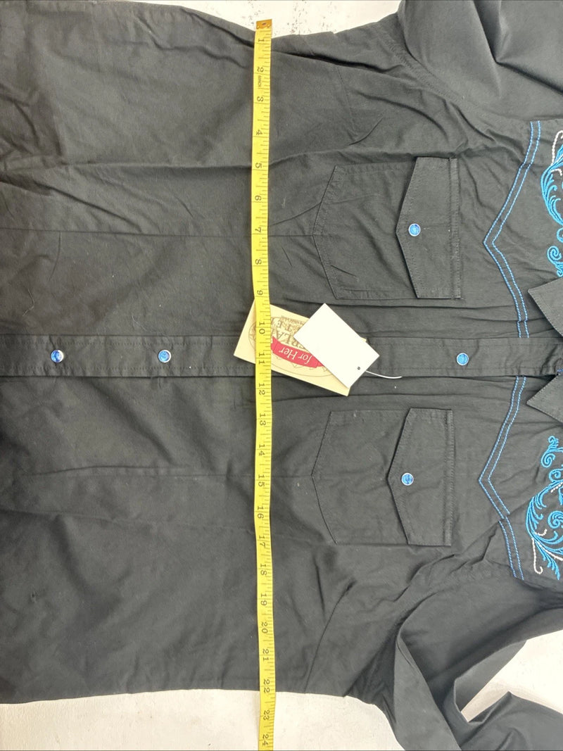 New Women’s Cumberland Black Blue Design Long Sleeve Pearl Snap 1XL LL-107