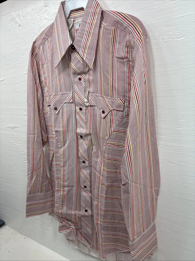 New Men’s Tem Tex Pink Multicolor Stripe Long Sleeve Pearl Snap 15.5 Medium O-26