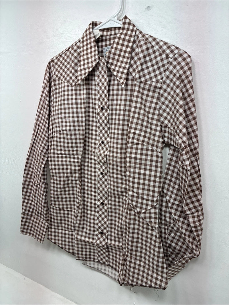 New Women’s Karman Brown Checker Long Sleeve Pearl Snap Size 36 MM-36