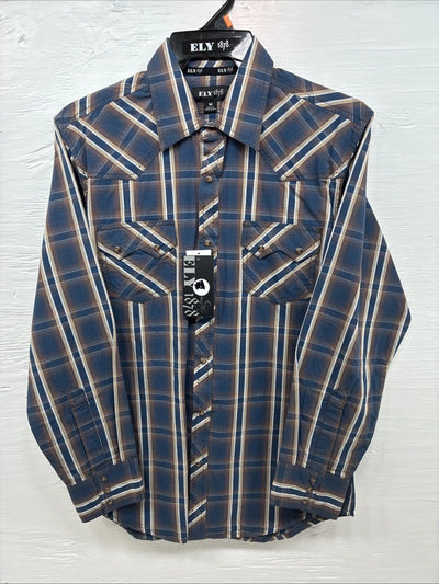 New Men’s ELY 1878 Blue Brown Plaid Long Sleeve Pearl Snap Medium J-89