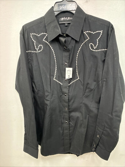 New Women’s White Horse Black Design Long Sleeve Pearl Snap Large KK-114