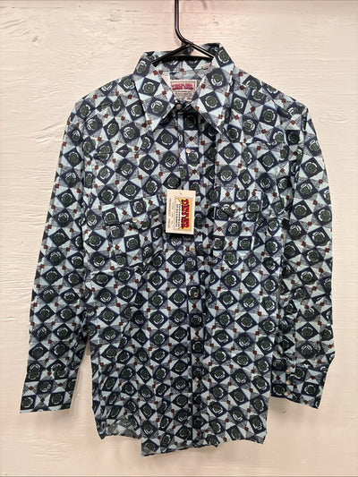 New Mens Denver Blue Design Long Sleeve Pearl Snap 14.5 Small AA-80