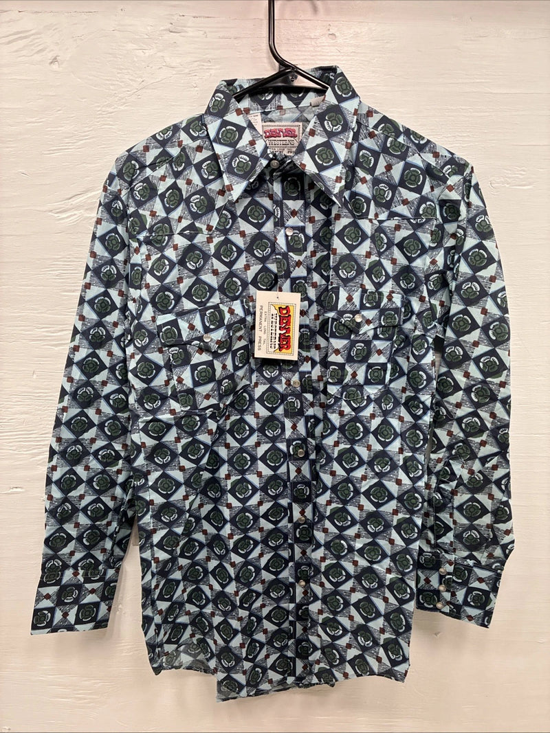 New Mens Denver Blue Design Long Sleeve Pearl Snap 14.5 Small AA-80 