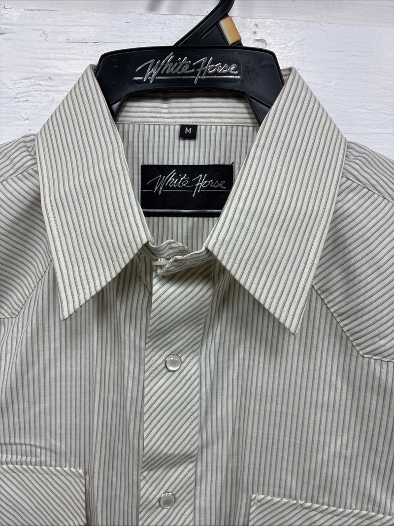 New Men’s White Horse Yellow stripe Long Sleeve Pearl Snap Medium K-47