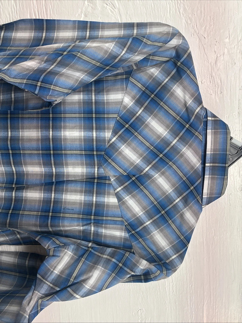 New Kids ELY Cattleman Blue Plaid Long Sleeve Pearl Snap Size 14 DD-39