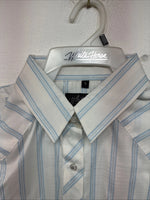 New Women’s White Horse White Blue Stripe Long Sleeve Pearl Snap Large YY-125