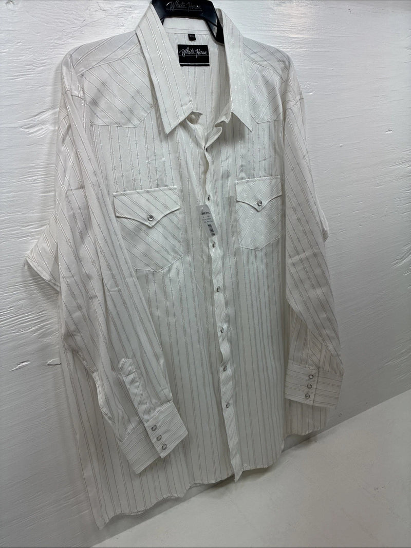 New Men’s White Horse White Stripe Western Long Sleeve Pearl Snap 2XL H-47