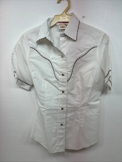 New Women’s H Bar C White Designed Short Sleeve Pearl Snap Size 30 DD-140