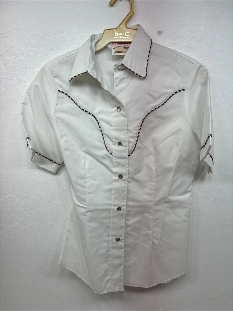 New Women’s H Bar C White Designed Short Sleeve Pearl Snap Size 30 DD-140
