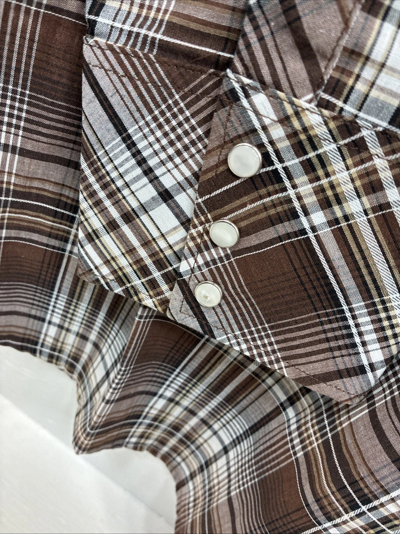 New Men’s White Horse Brown Plaid Long Sleeve Pearl Snap XL H-81