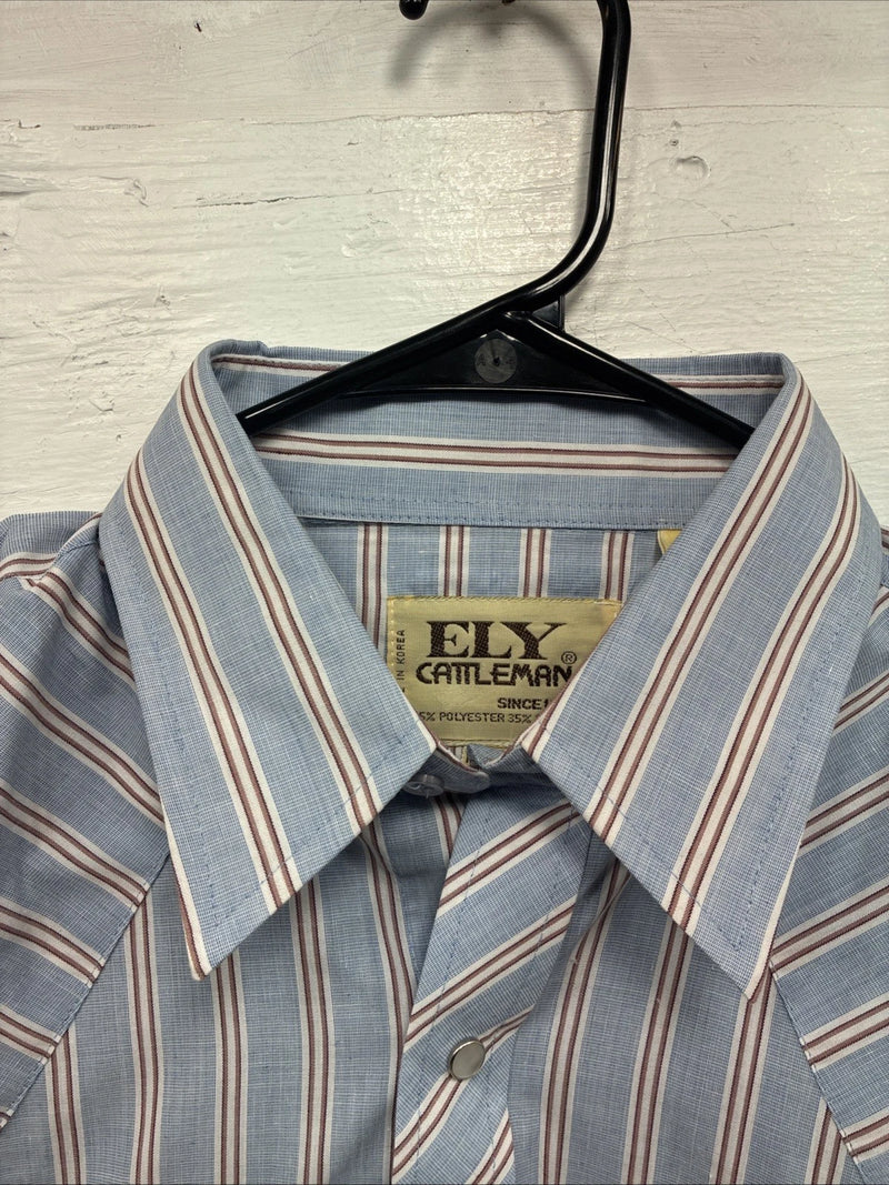New Men’s ELY Cattleman blue Stripe Long Sleeve Pearl Snap 15.5 Medium Q-106