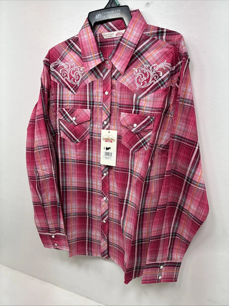 New Women’s Cumberland Pink Designed Long Sleeve Pearl Snap XL GG-30