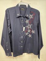 New Women’s White Horse Blue Rhinestone Long Sleeve Pearl Snap Size XL YY-73