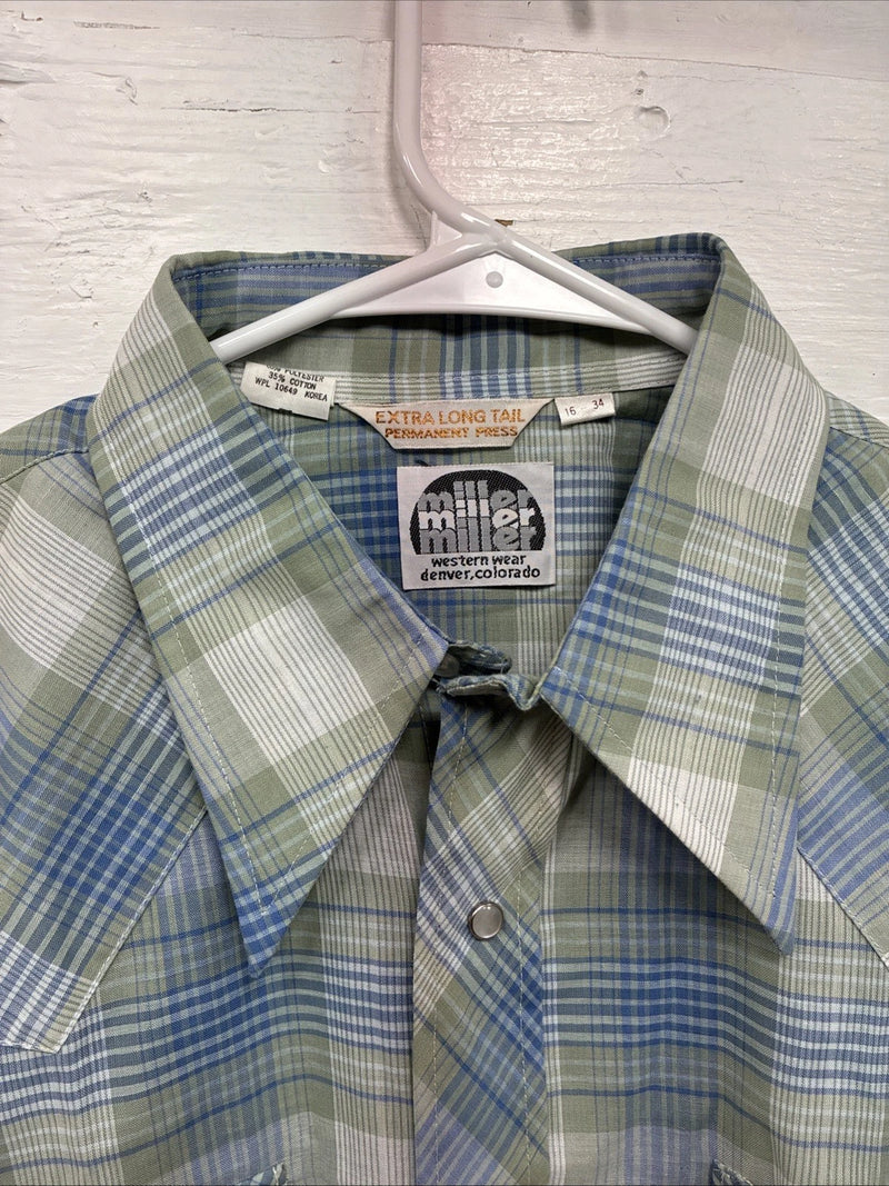 New Men’s Miller Blue Green Plaid Long Sleeve Pearl Snap 16 Large Q-71