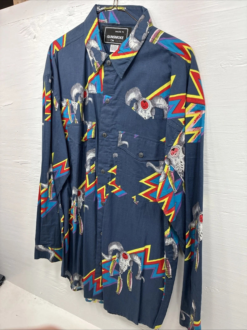 New Men’s GunSmoke Multicolor Western Design Long Sleeve Button Up Medium K-62
