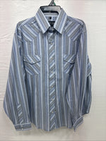 New Teens White Horse Blue Stripe Long Sleeve Pearl Snap Medium V-103