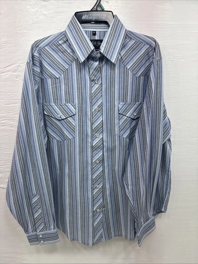New Teens White Horse Blue Stripe Long Sleeve Pearl Snap Medium V-103