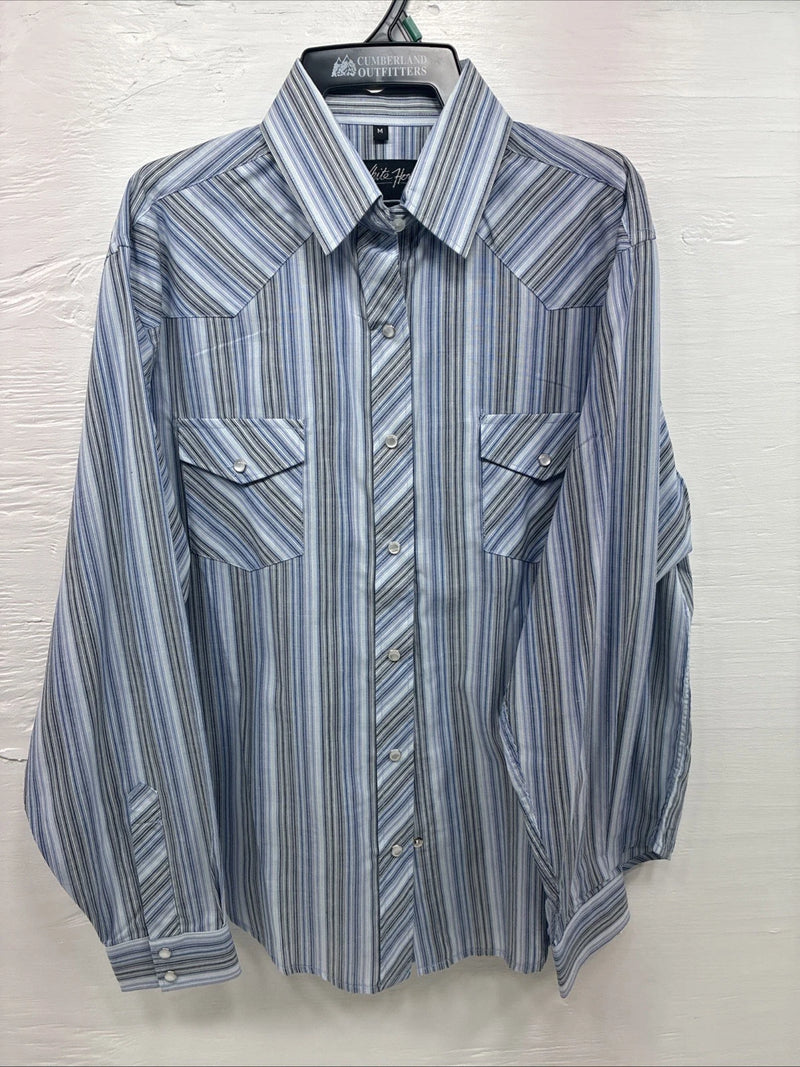 New Teens White Horse Blue Stripe Long Sleeve Pearl Snap Medium V-103