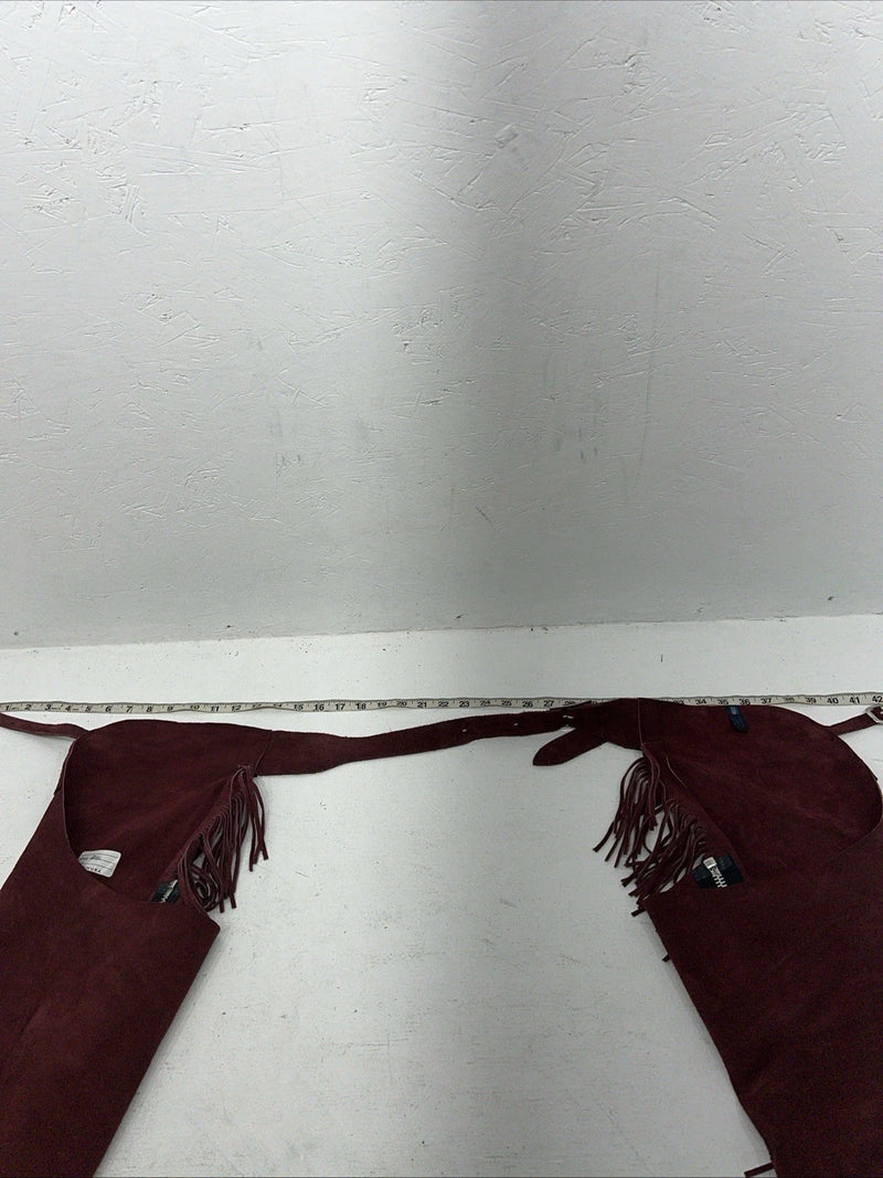 New Burgundy Congress Leather Show Chaps With Fringe Adjustable Waist 42” L N-41