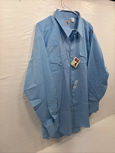 New Men’s ELY Cattleman Simple Blue Long Sleeve Pearl Snap 18 X 35 2XL R-9