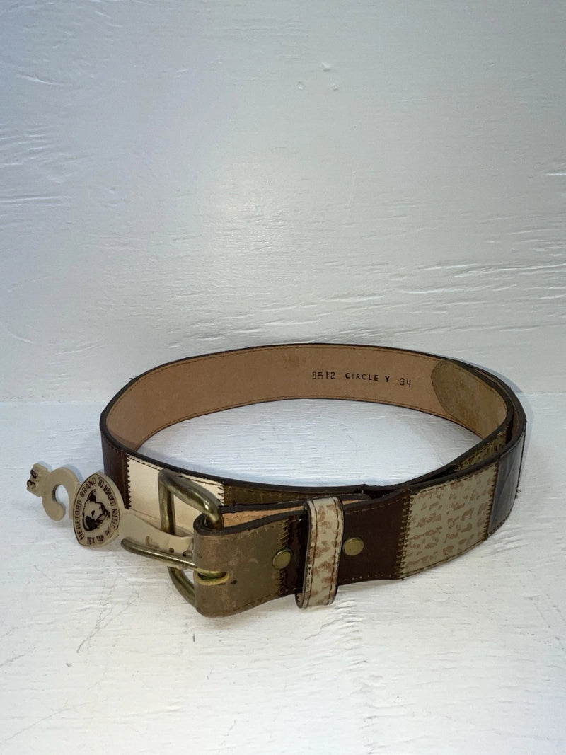 New Brown Genuine Leather Circle Y Stitched Stripes 34” Belt #8512 JJ-9