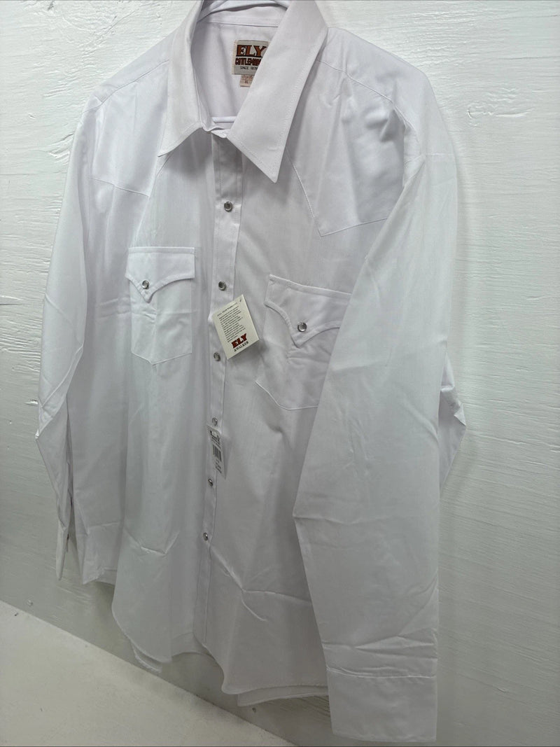 New Men’s ELY Cattleman White Long Sleeve Pearl Snap 17.5 X 35 XL CC-10