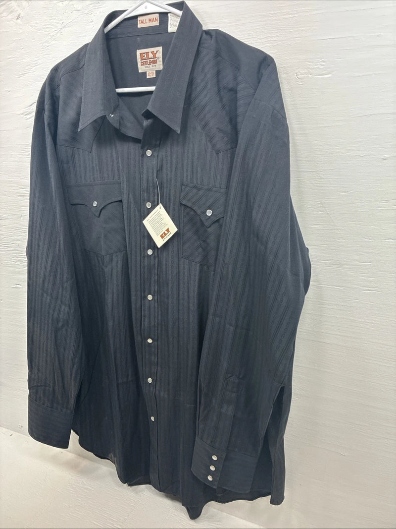 New Men’s ELY Cattleman Black Designed Long Sleeve Pearl Snap 18.5 2XL X-29