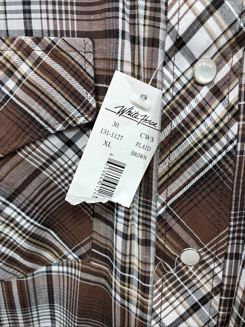 New Men’s White Horse Brown Plaid Long Sleeve Pearl Snap XL H-81
