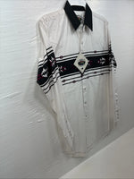 New Men’s Cumberland White Black Purple Long Sleeve Pearl Snap Medium K-26