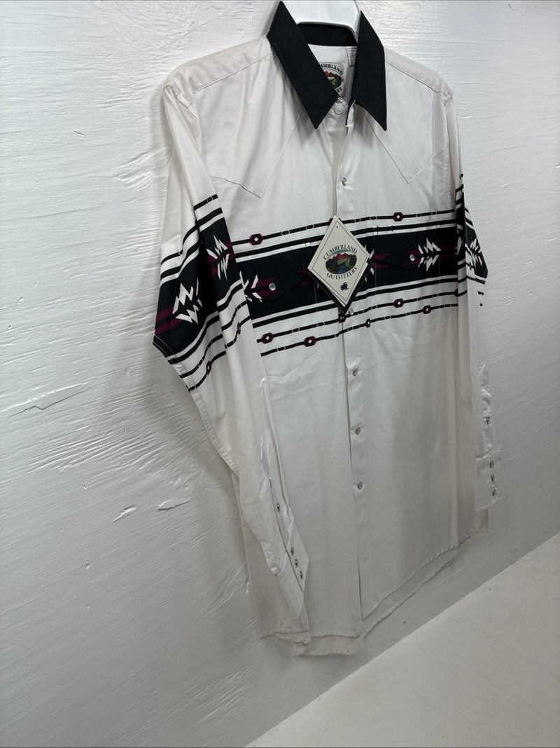 New Men’s Cumberland White Black Purple Long Sleeve Pearl Snap Medium K-26