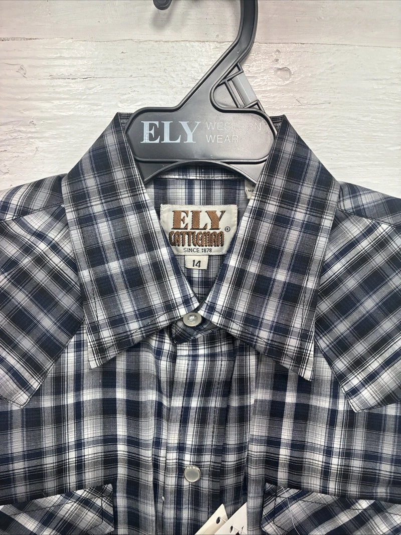 New Kids ELY Cattleman Black Plaid Long Sleeve Pearl Snap Size 14 DD-36