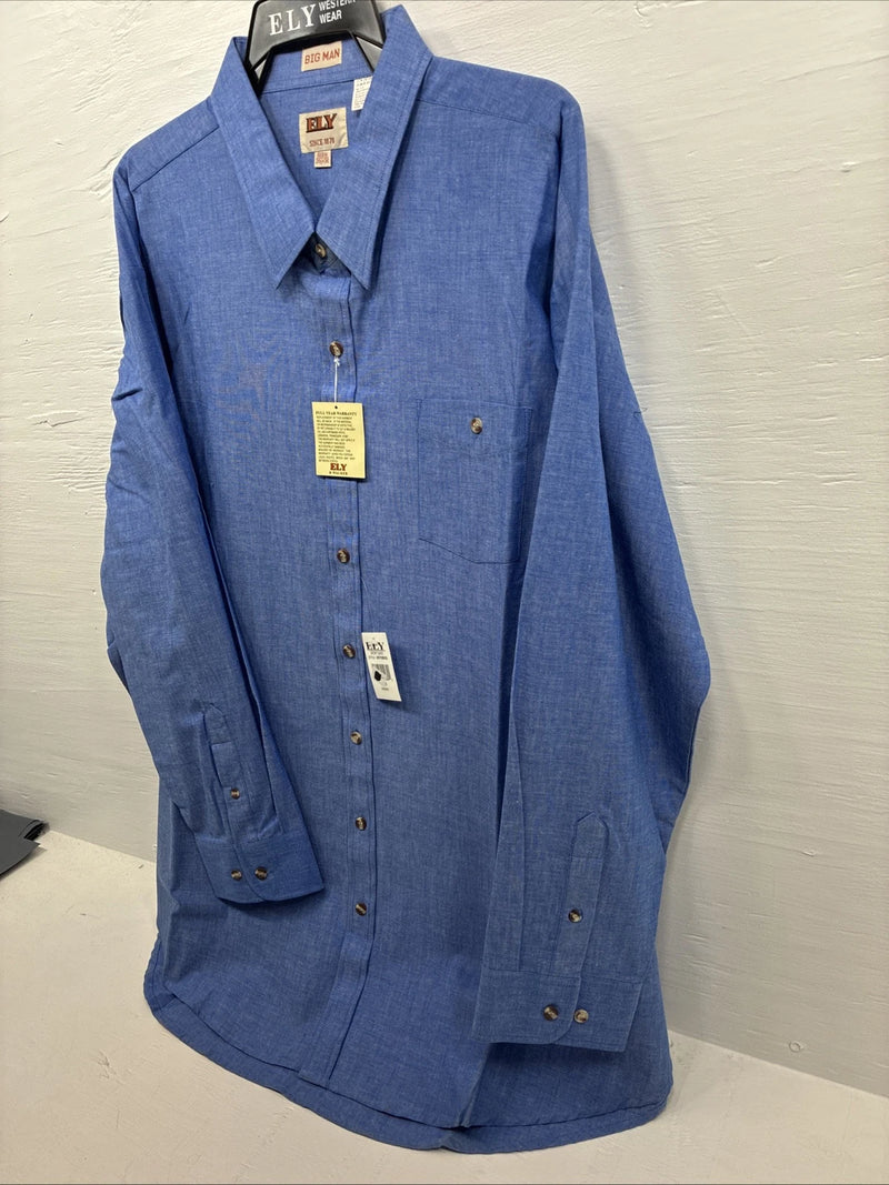 New Men’s ELY Cattleman Blue Long Sleeve Button Up 20.5 X 36 4XL E-100