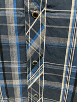 New Men’s ELY 1878 Blue Black Plaid Short Sleeve Pearl Snap Medium J-91