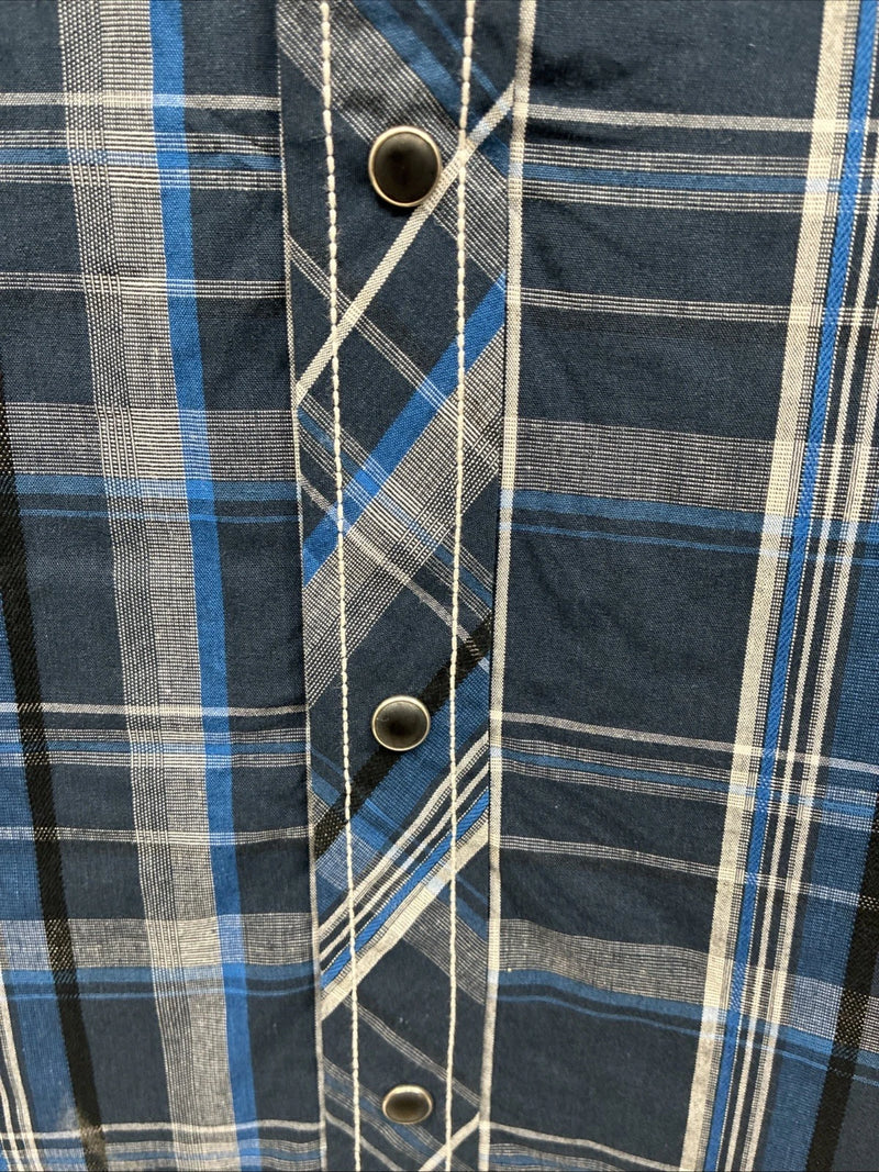 New Men’s ELY 1878 Blue Black Plaid Short Sleeve Pearl Snap Medium J-91