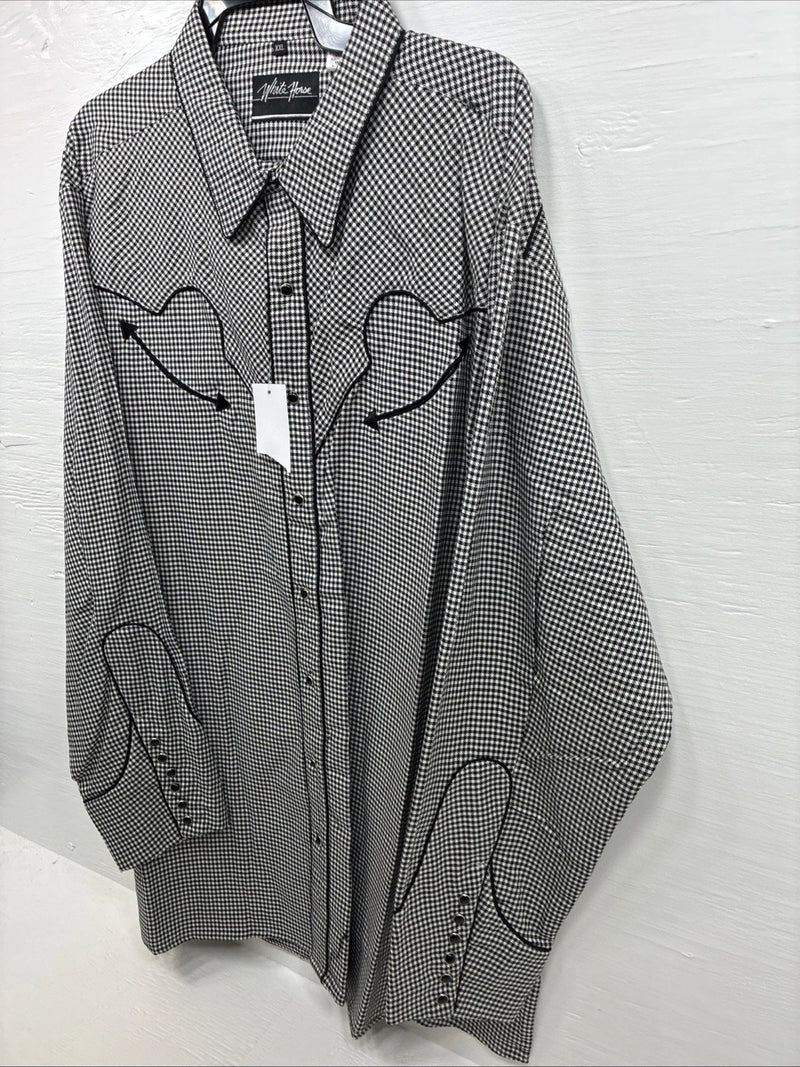 New Men’s White Horse Black White Checker Long Sleeve Pearl Snap 2XL F-102