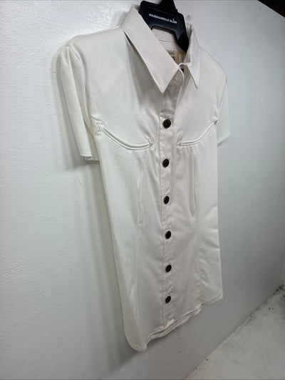 New Women’s Demum Jeans White Short Sleeve Button Up Shirt Medium YY-87