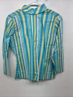 New Women’s Karman Blue Green Stripe Long Sleeve Pearl Snap Medium TT-59