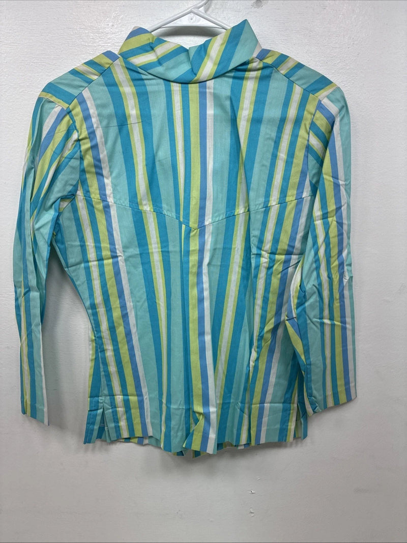 New Women’s Karman Blue Green Stripe Long Sleeve Pearl Snap Medium TT-59