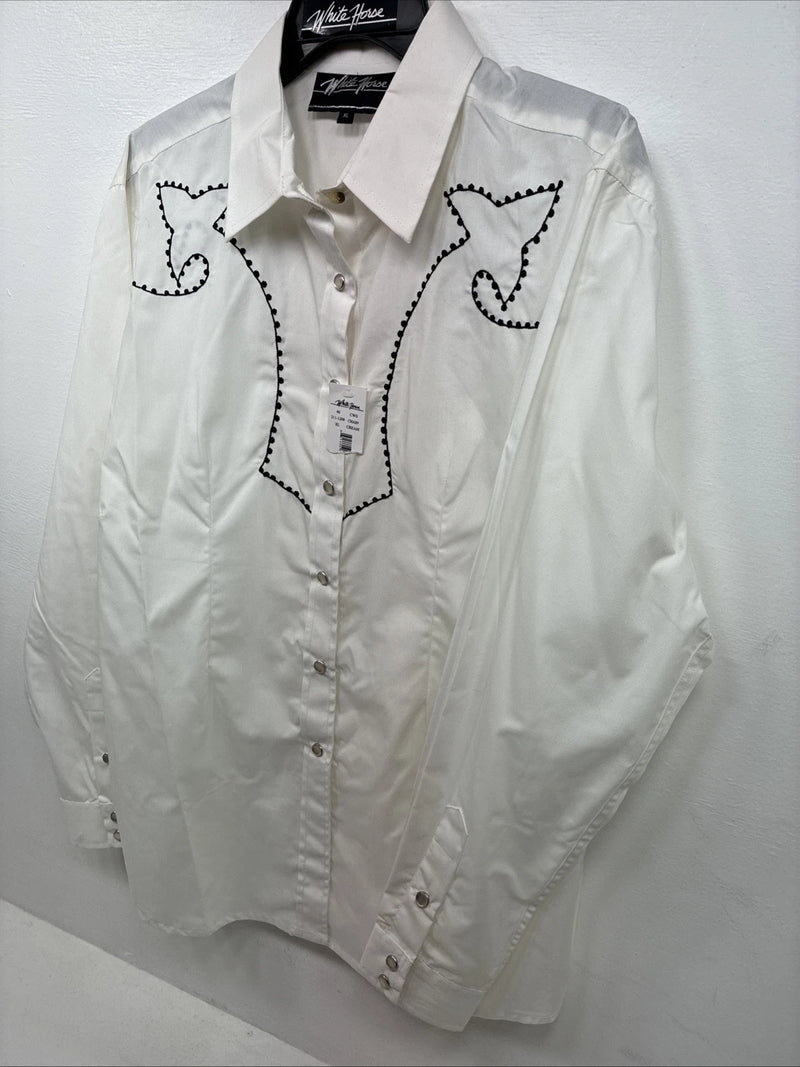 New Women’s White Horse Cream Designed Long Sleeve Pearl Snap XL DD-109