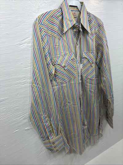 New Men’s Tem Tex Multicolor Stripe Long Sleeve Pearl Snap 14 X 33 Small M-84
