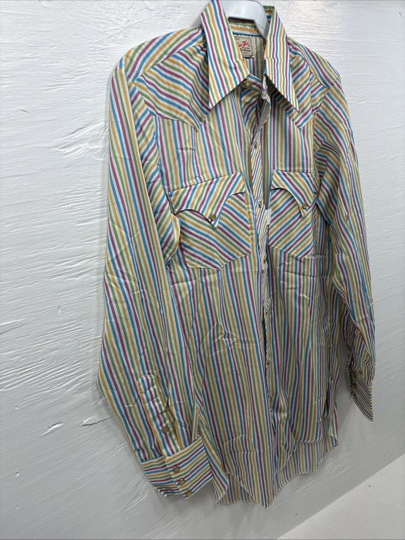New Men’s Tem Tex Multicolor Stripe Long Sleeve Pearl Snap 14 X 33 Small M-84