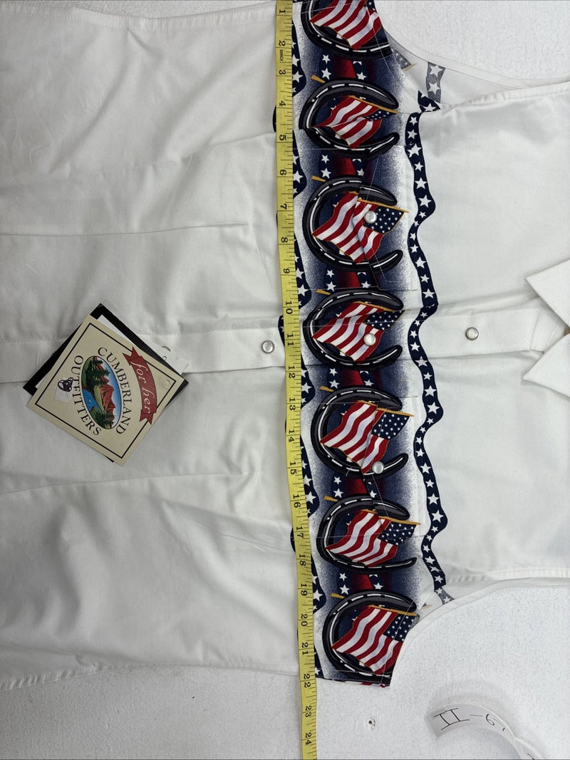 New Women’s Cumberland White Flag Design Short Sleeve Pearl Snap Large II-67